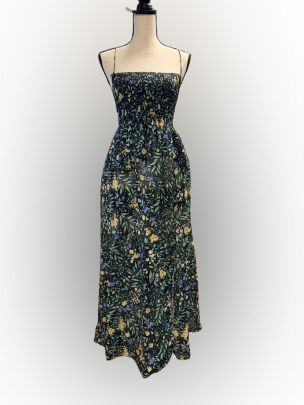 ASTR The Label Stasia Floral Smocked Midi Dress Black Multi Lace Back Medium